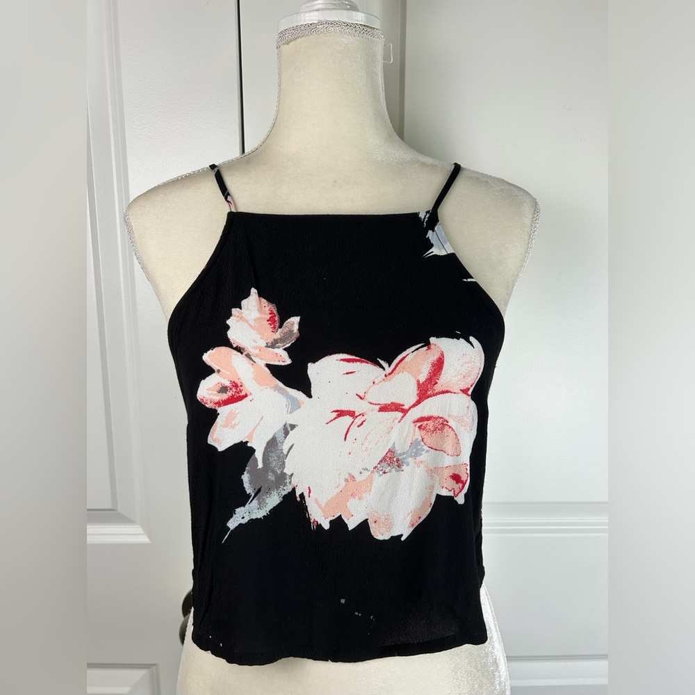 Leith Black Floral Cropped Cami Top - Black Floral Pink & White Flower Print Med